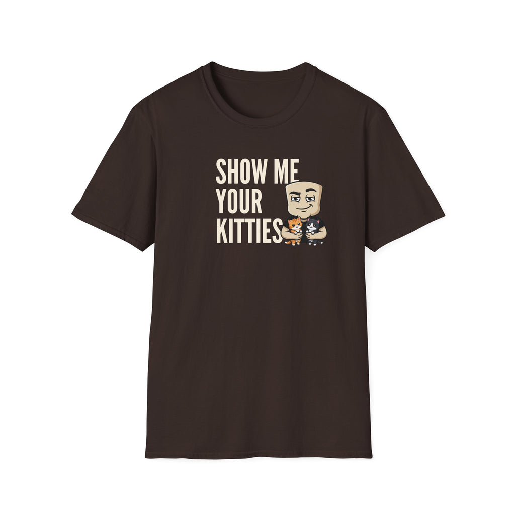 Dark brown crew-neck T-shirt with "SHOW ME YOUR KITTIES" cat graphic.