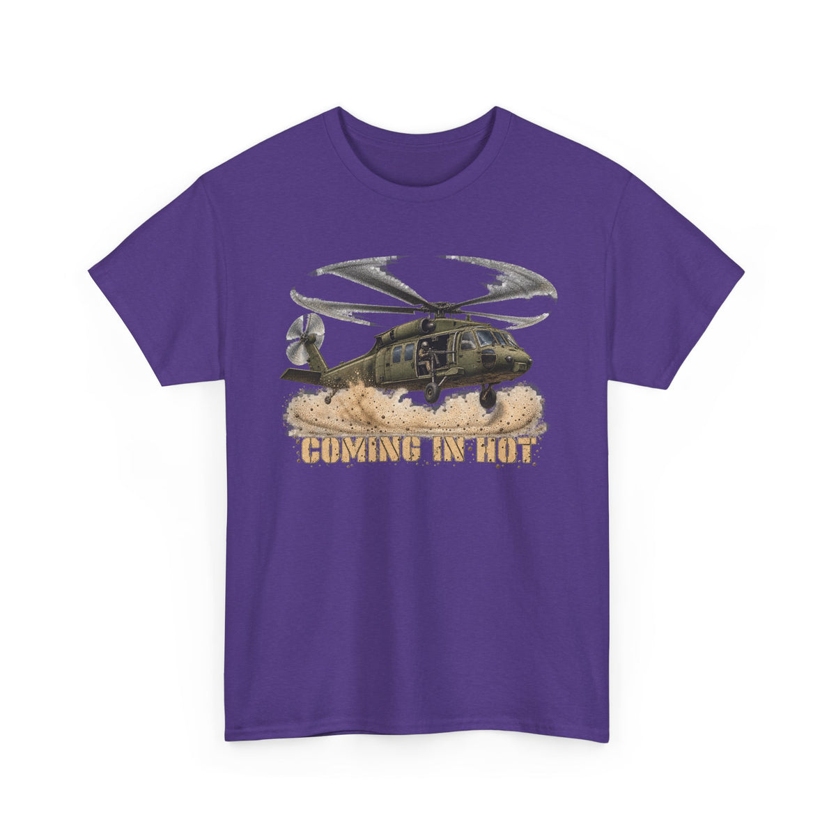 Purple t-shirt with helicopter graphic and “Coming in Hot” text on the front