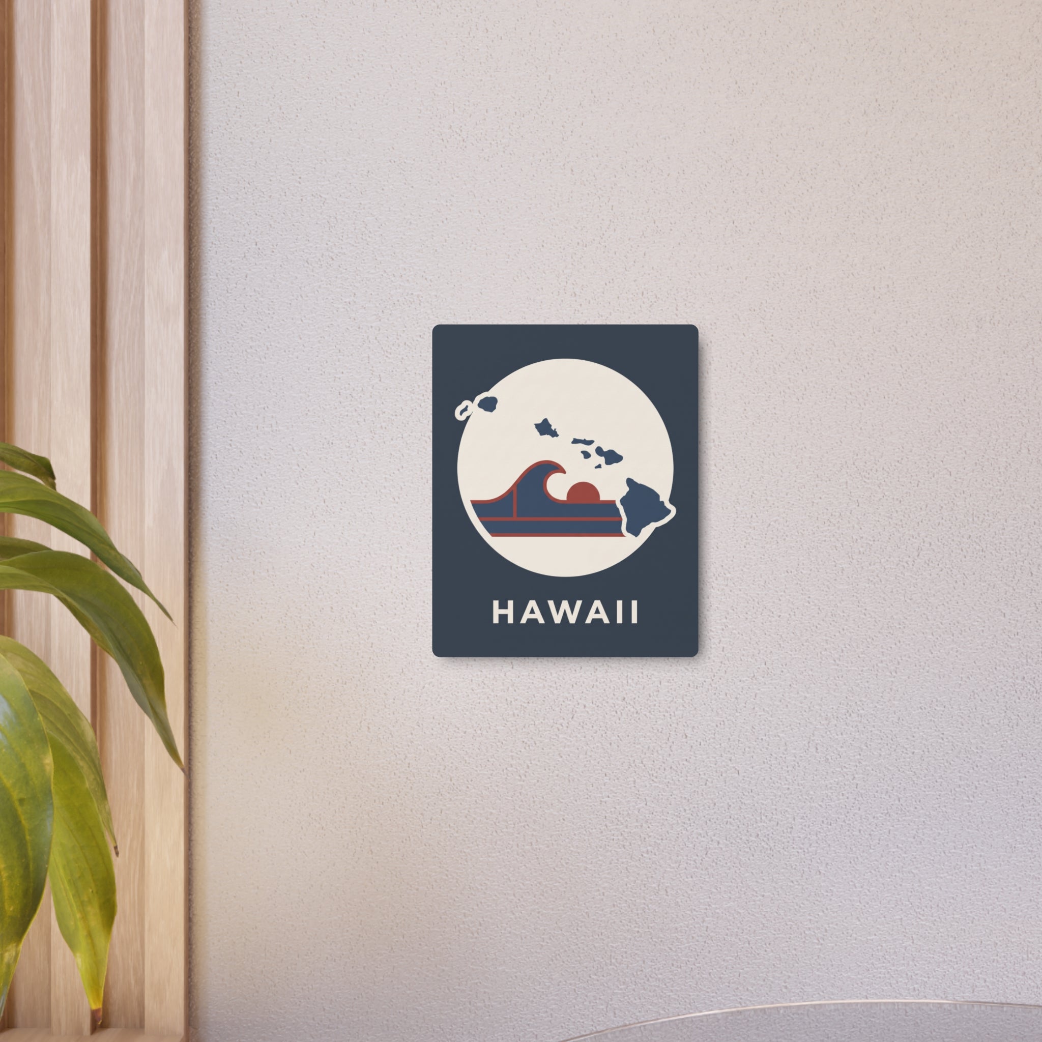 Dark blue Hawaii metal wall sign, circular island graphic with waves and “HAWAII” text