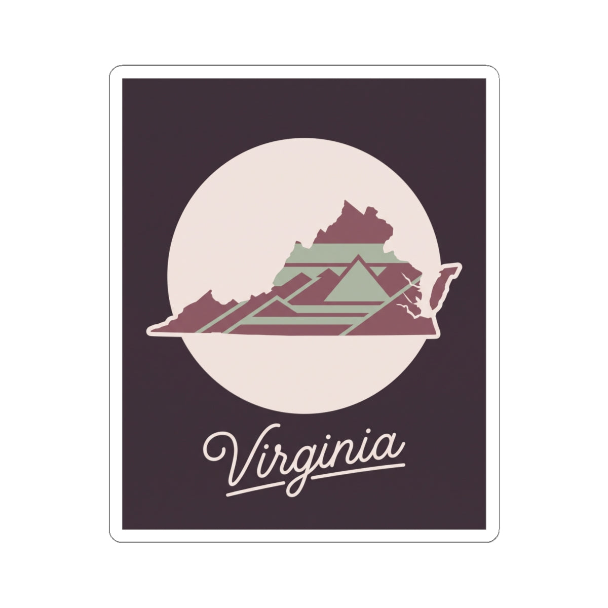 Virginia state silhouette decal with striped mountain illustration and “Virginia” lettering
