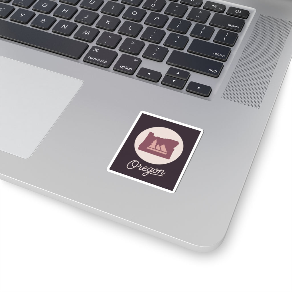Square Oregon state decal with mountain silhouette, kiss-cut white border