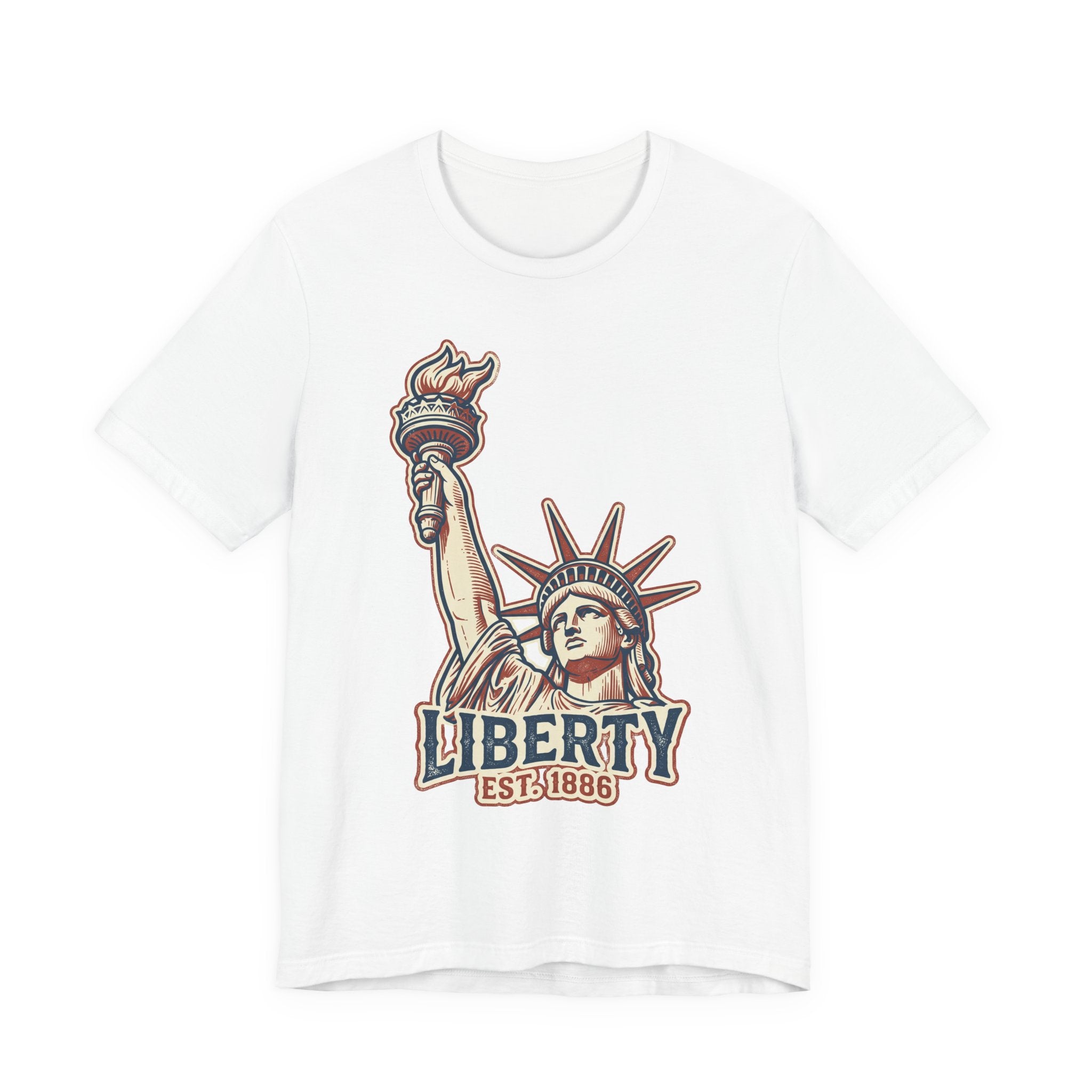 White crewneck graphic T-shirt with Statue of Liberty and “LIBERTY EST. 1886”