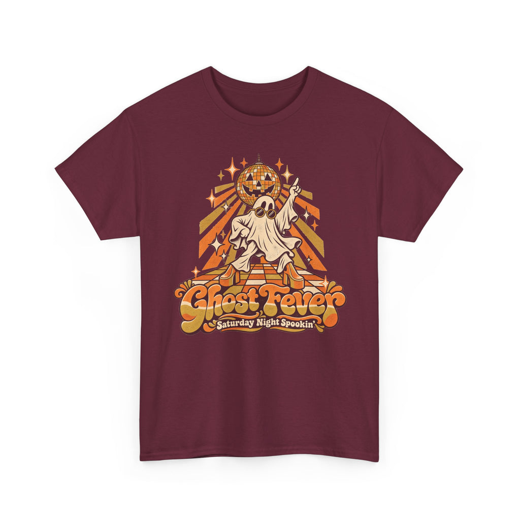 Maroon Halloween graphic t-shirt with dancing ghost, disco ball, and jack-o-lantern art