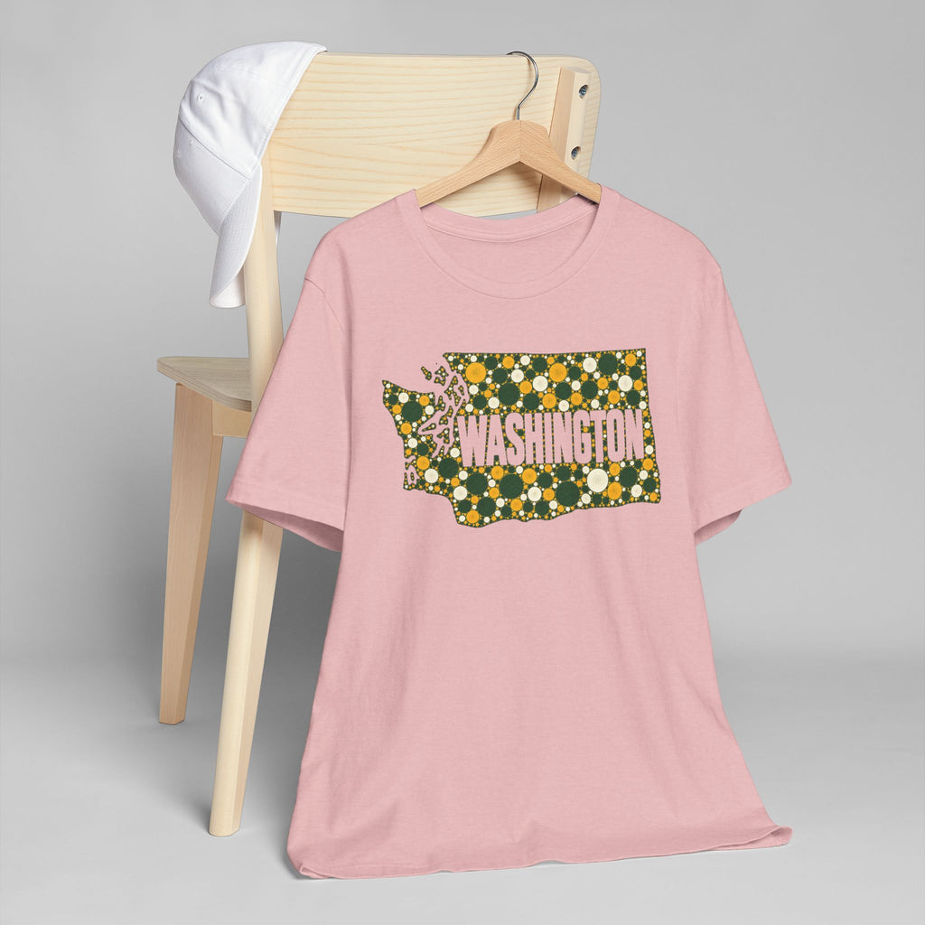 Dusty pink crewneck T-shirt with Washington floral dot outline graphic in green and gold