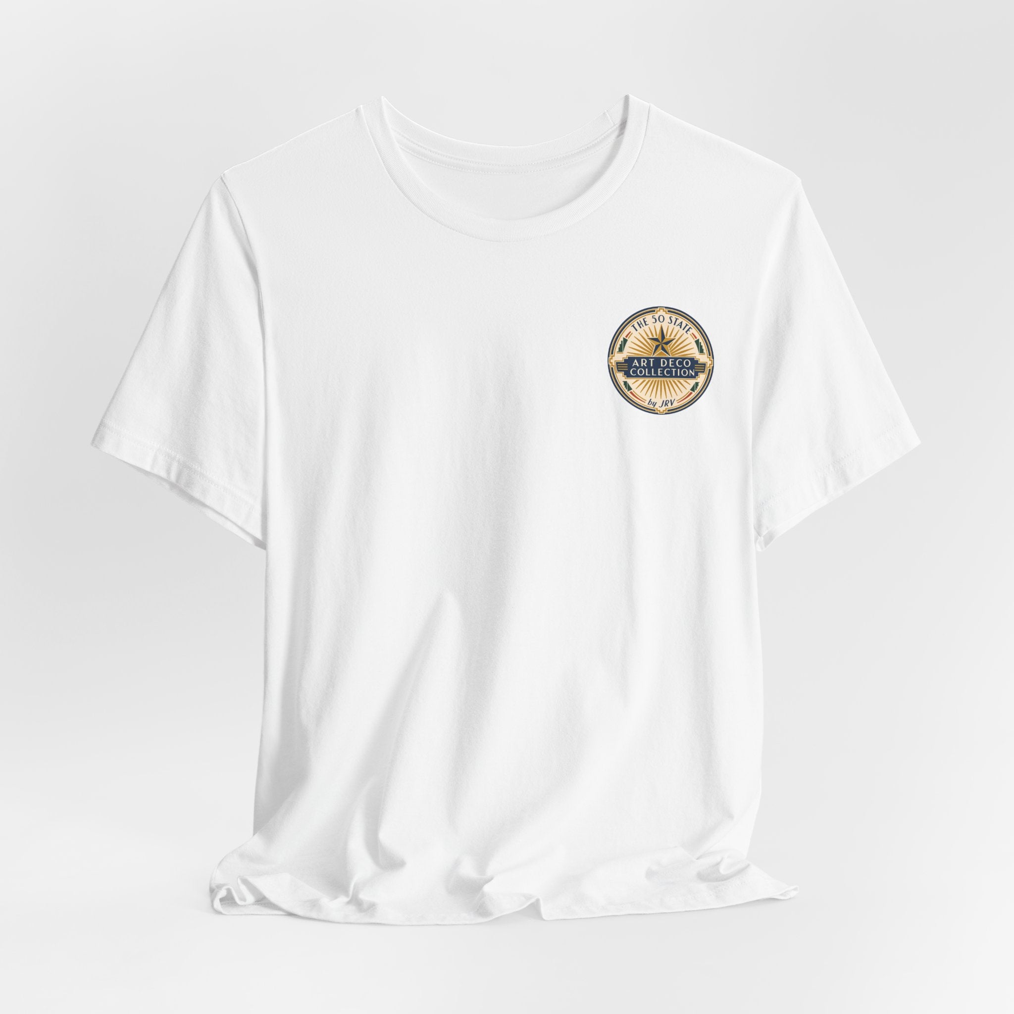 White crew-neck t-shirt with circular chest logo patch.