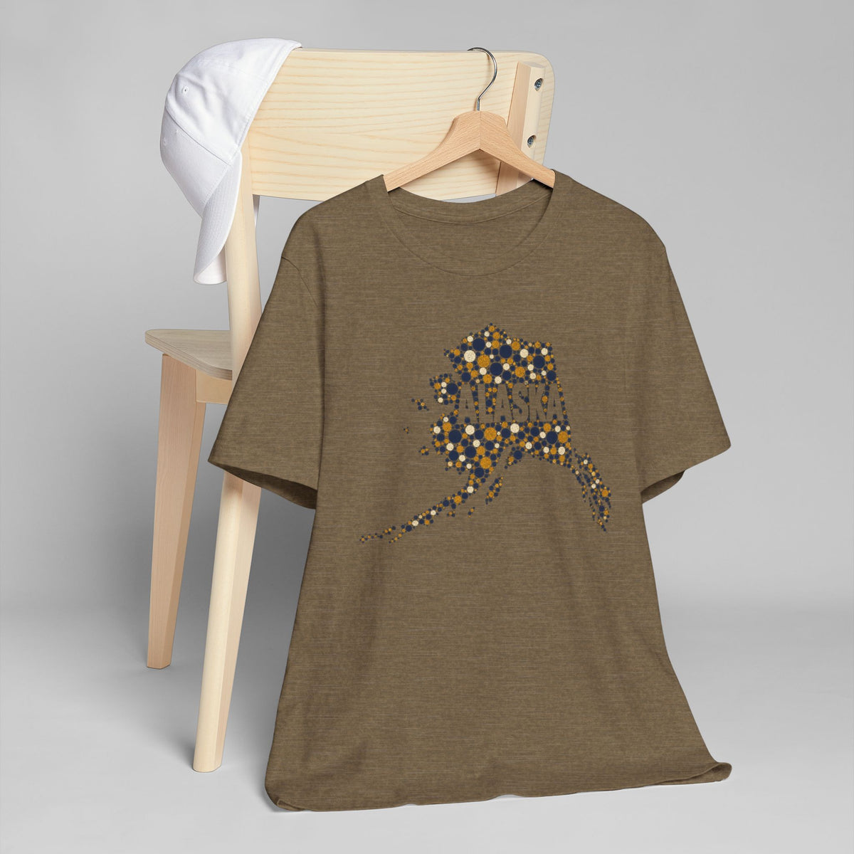 Olive crew-neck t-shirt with mosaic Alaska state graphic