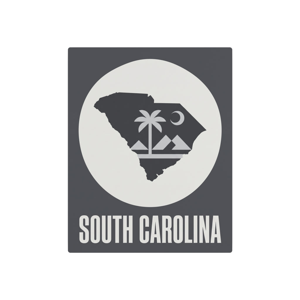 South Carolina metal wall sign, dark gray with white circular state map and “SOUTH CAROLINA”