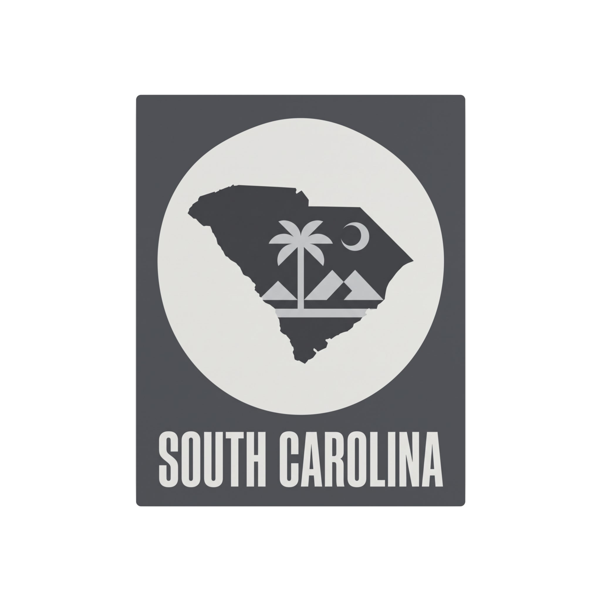 South Carolina metal wall sign, dark gray with white circular state map and “SOUTH CAROLINA”