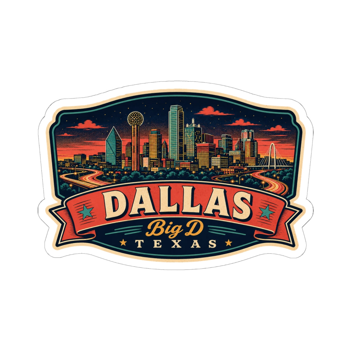 Dallas travel luggage tag sticker showing skyline at sunset with Big D Texas lettering