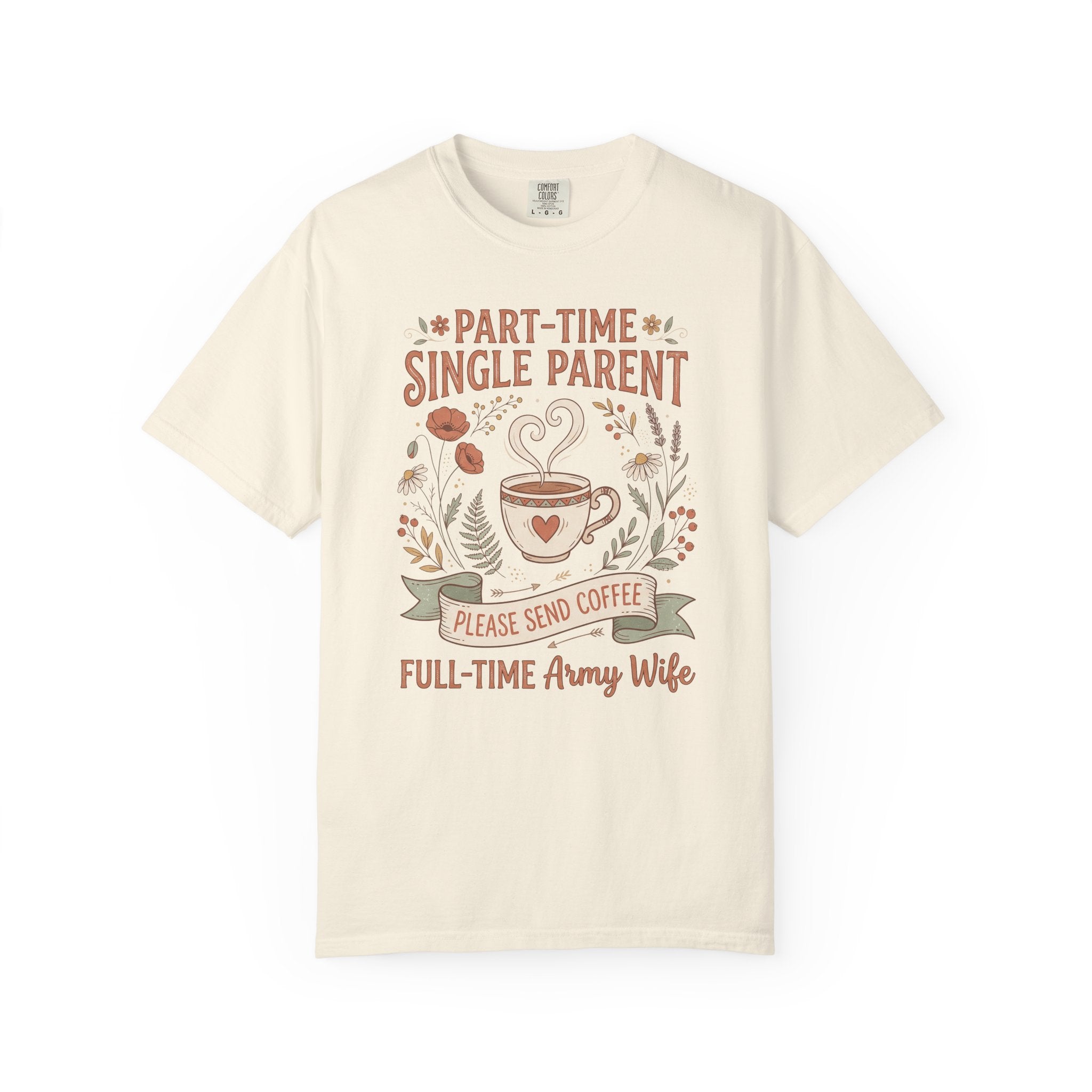 Ivory t-shirt with coffee and floral text graphic, short sleeves