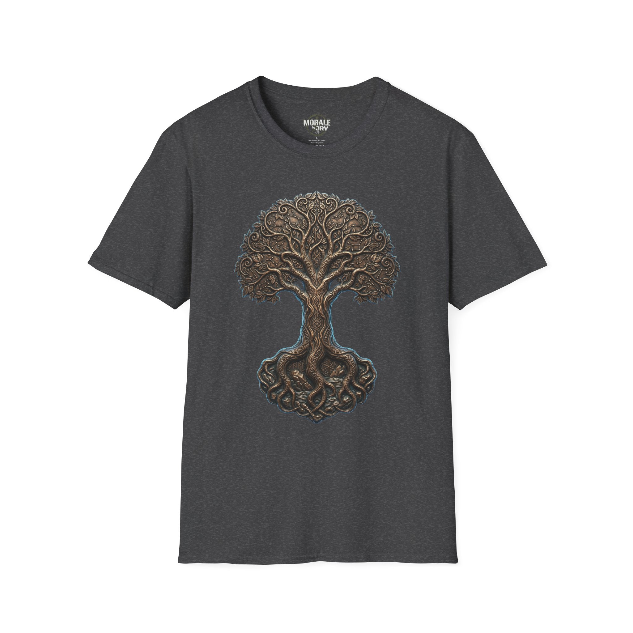 Dark heather T-shirt with Celtic Tree of Life knotwork oak graphic