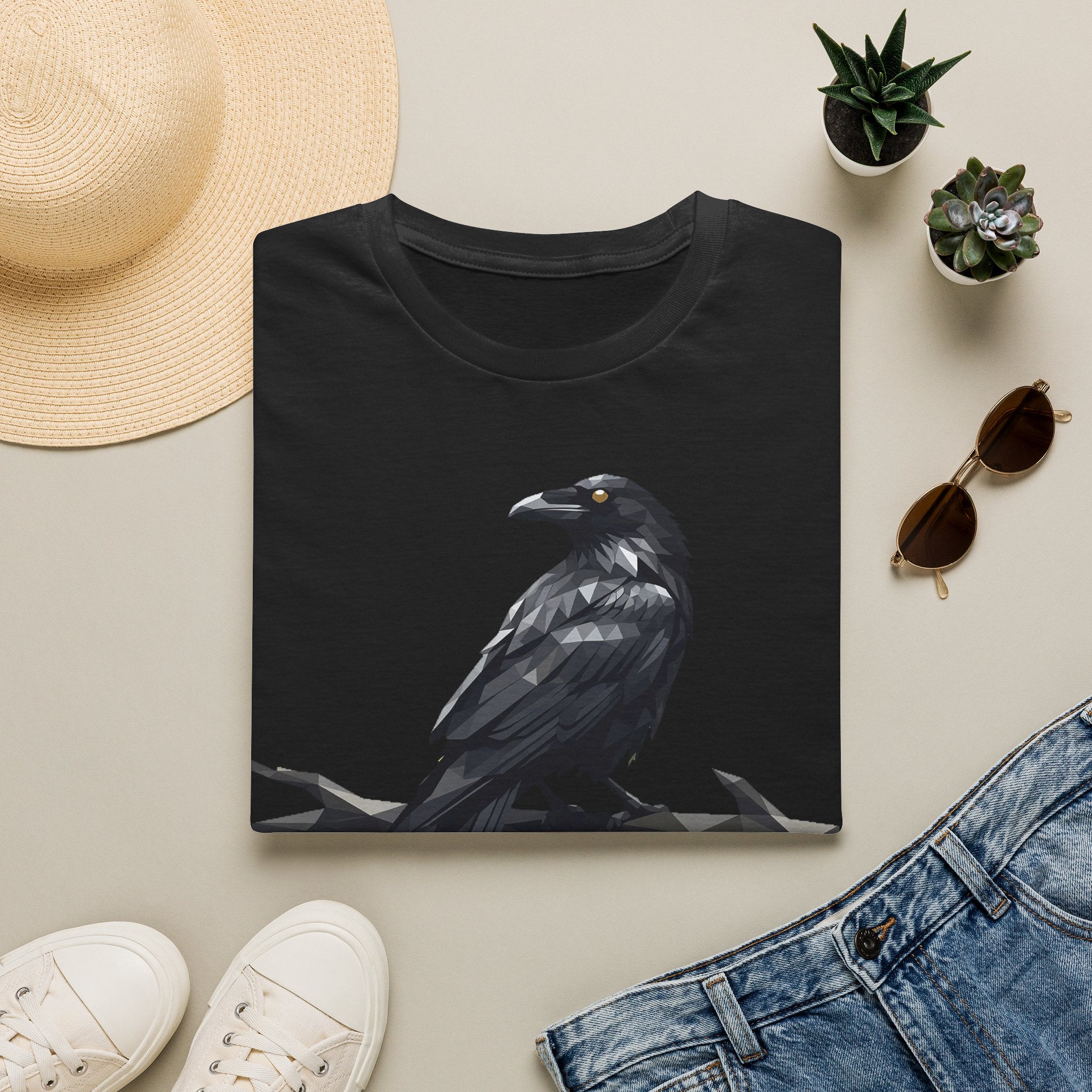 Black raven t-shirt with a sitting crow graphic in dark gray