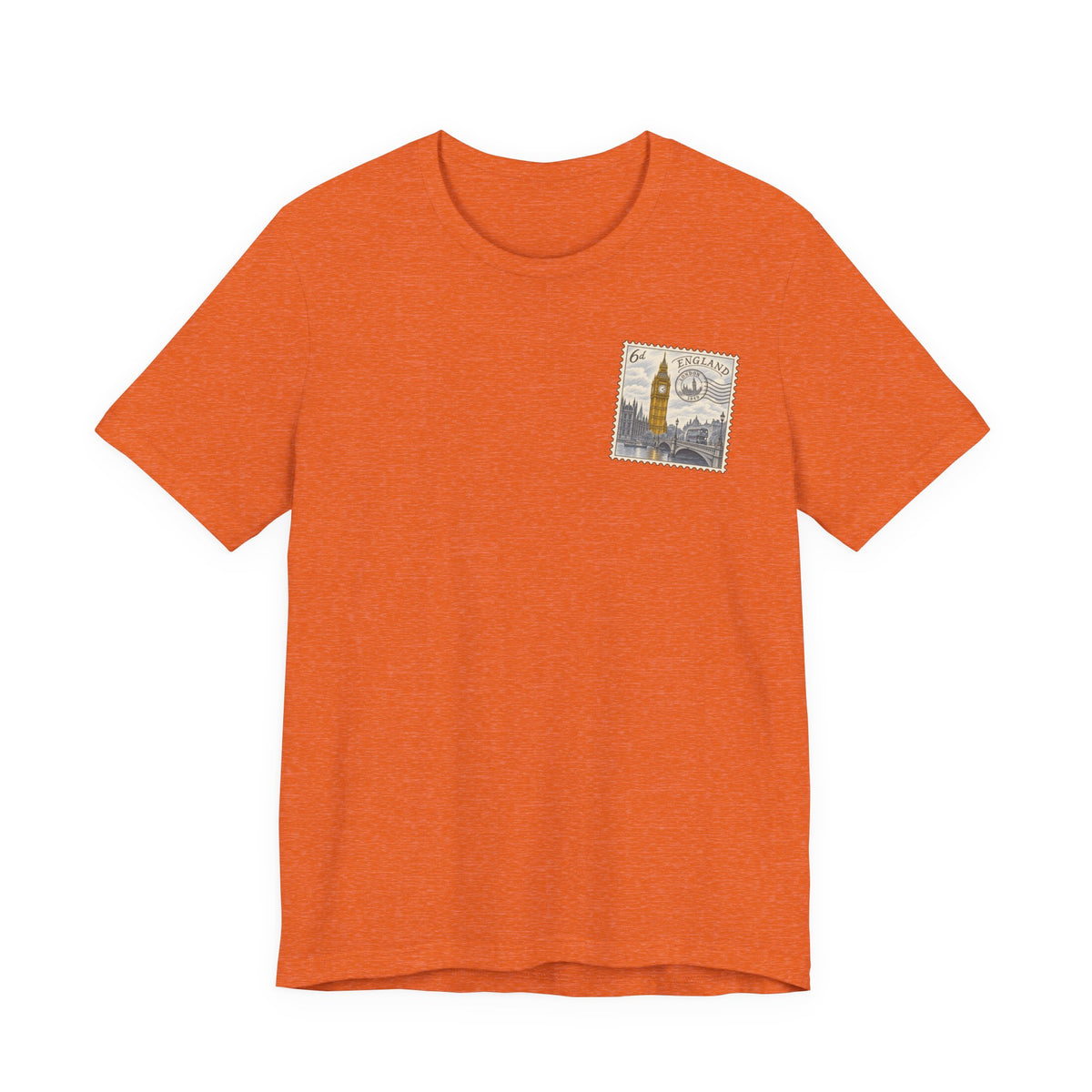 Men's orange travel t-shirt with small vintage postage stamp-style tower graphic