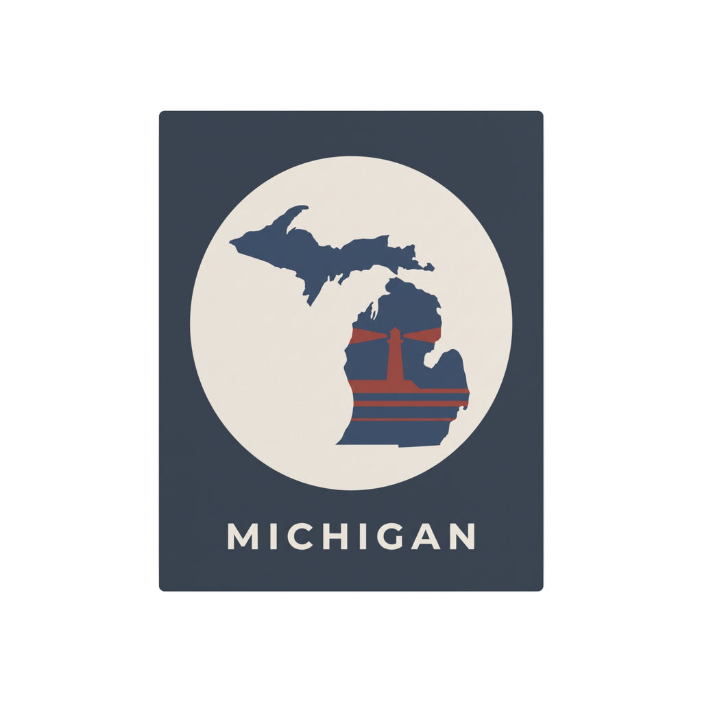 Michigan metal wall art sign, dark blue square with circular state map and MICHIGAN lettering