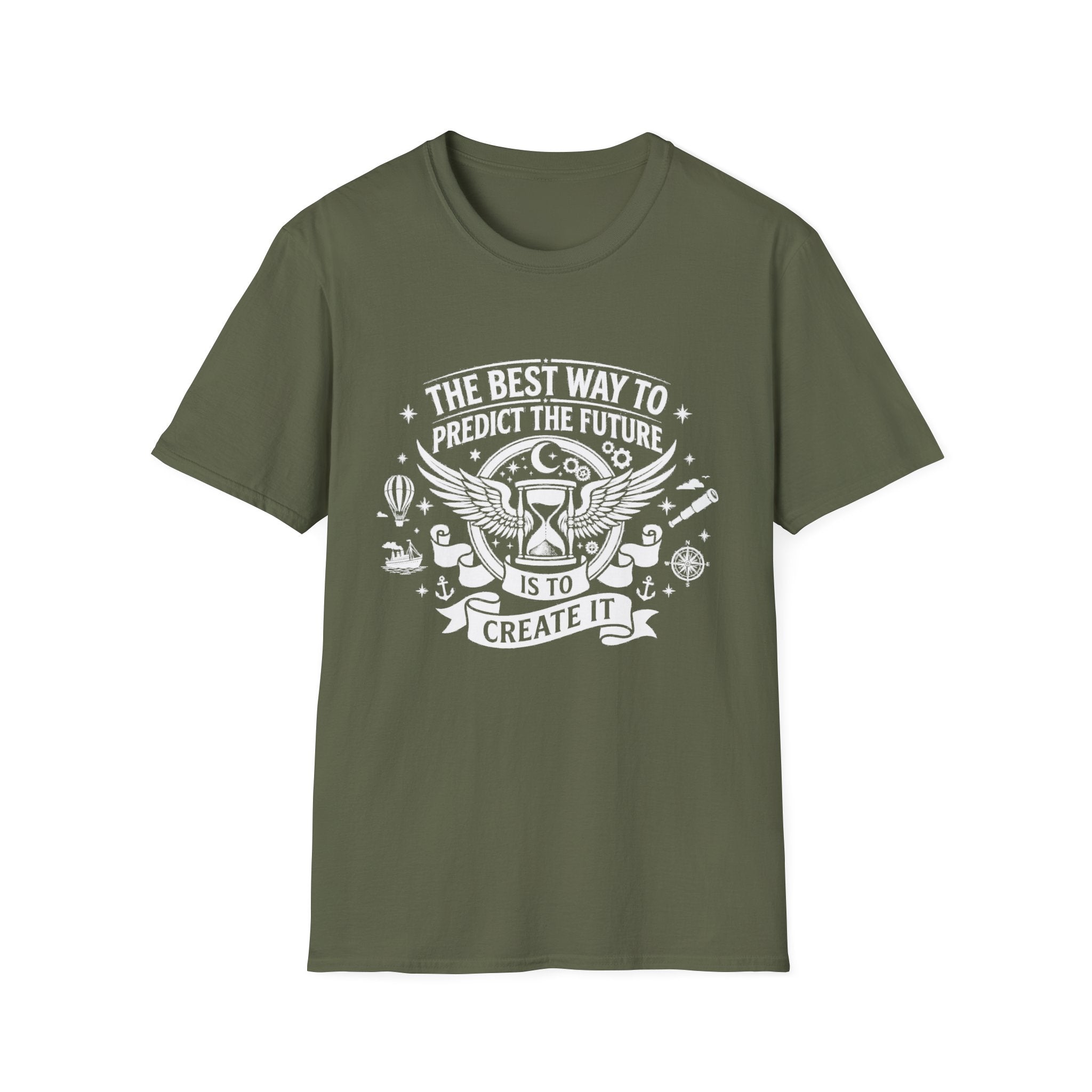 Military Green T-shirt with 'Create It' winged quote graphic on front