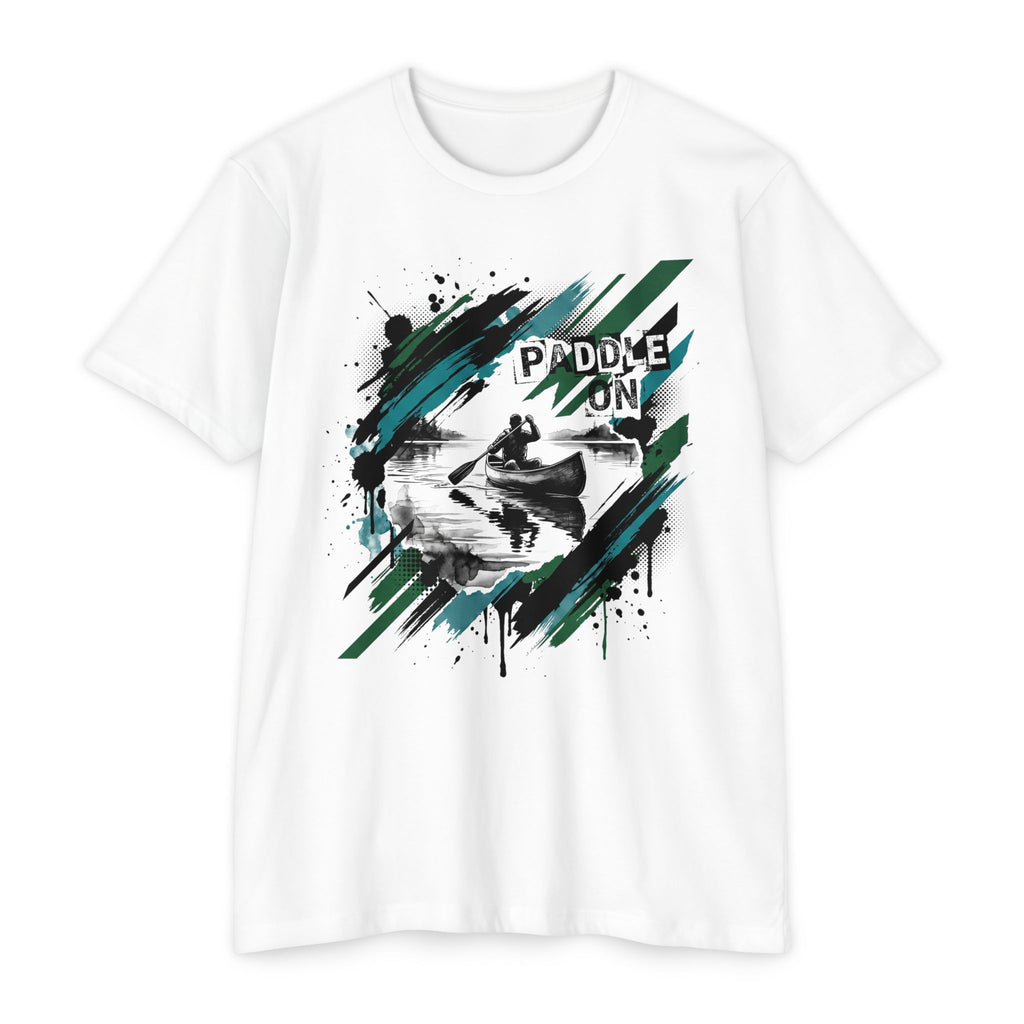 White T-shirt with front kayaking graphic reading “PADDLE ON”