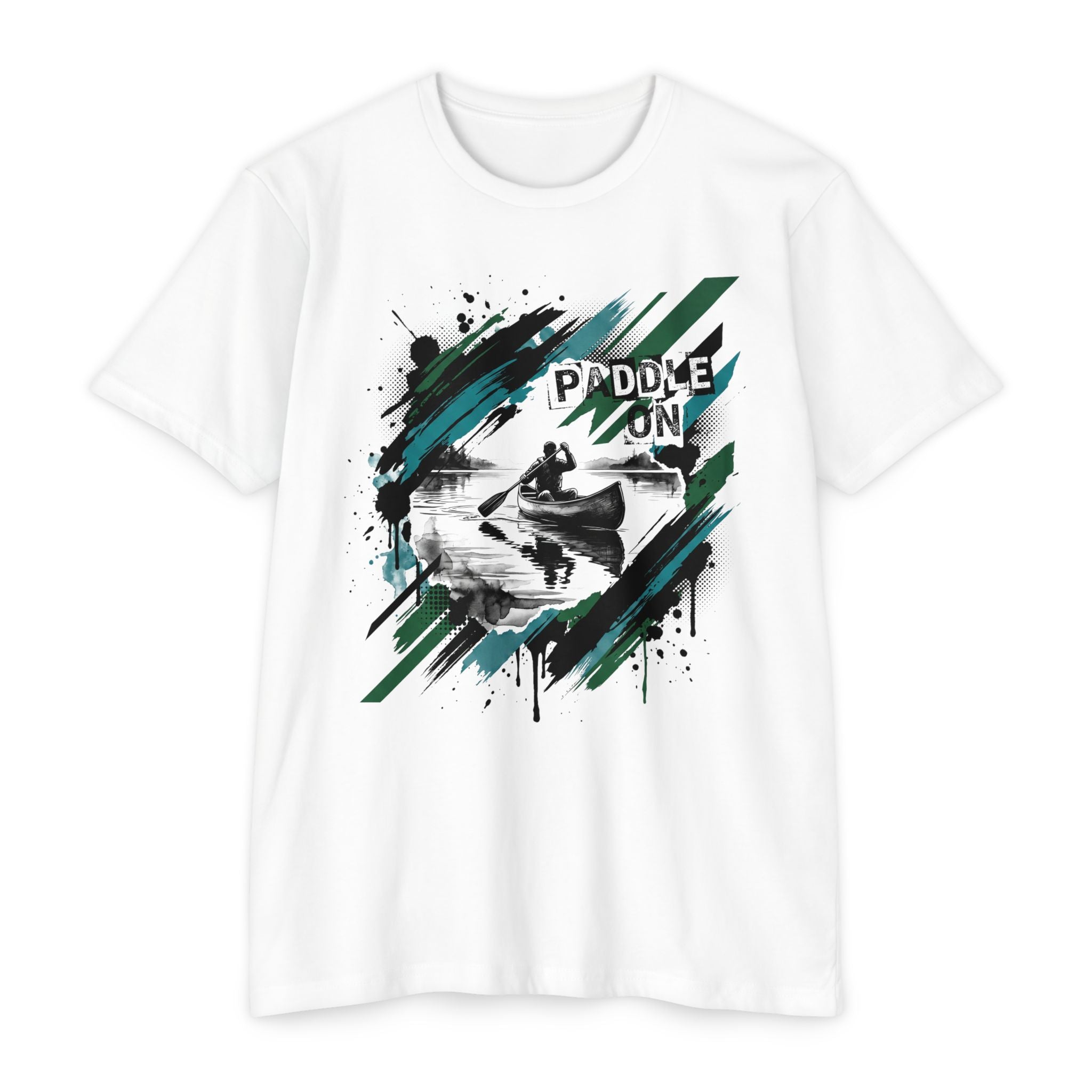 White T-shirt with front kayaking graphic reading “PADDLE ON”