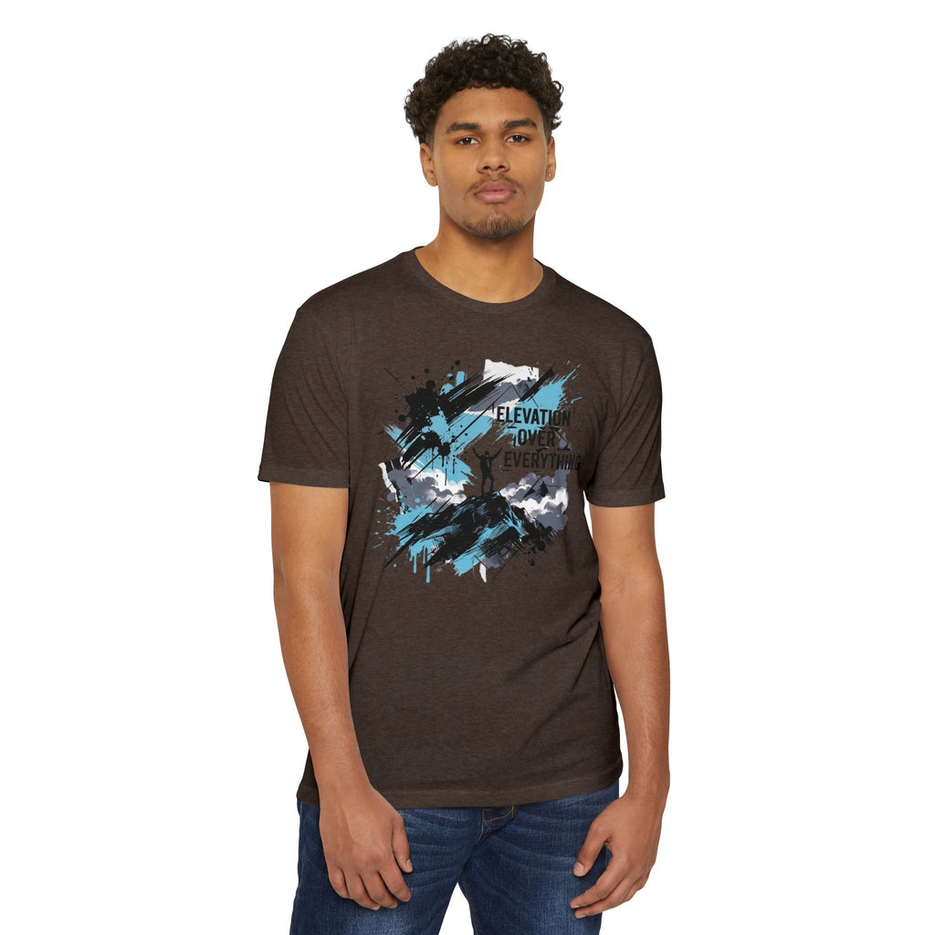 Dark brown unisex graphic T-shirt with mountain silhouette and colorful splatter text print