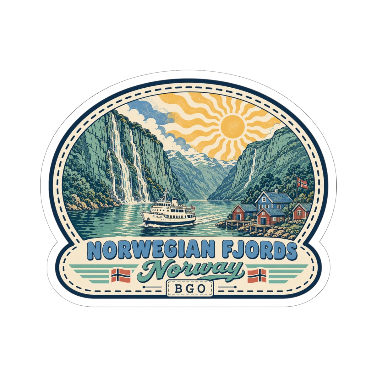 Norwegian fjords cruise sticker, oval design featuring ship, fjords, sun, and “NORWEGIAN FJORDS”