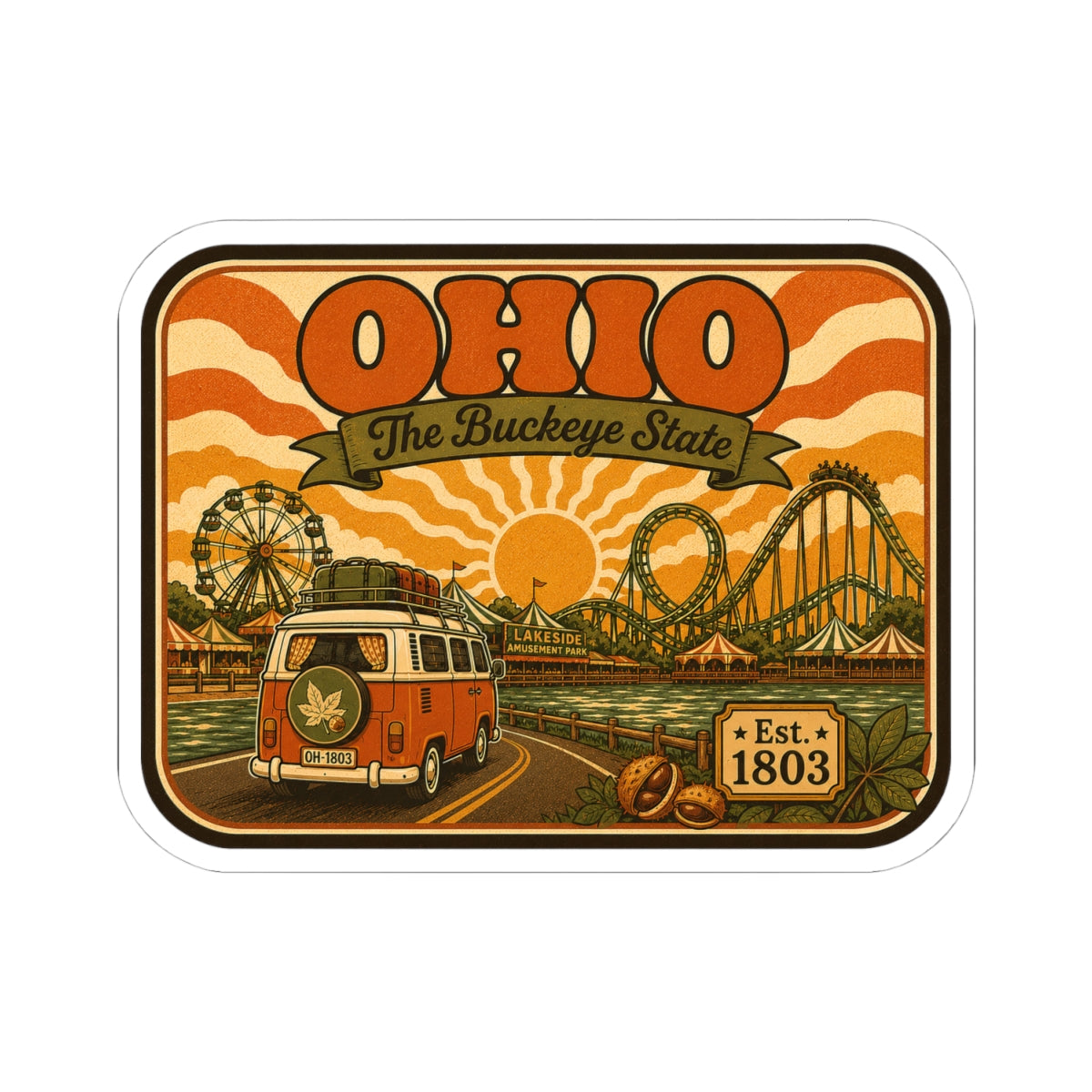 Ohio retro state sticker, orange scene with Ferris wheel and roller coaster, Est. 1803