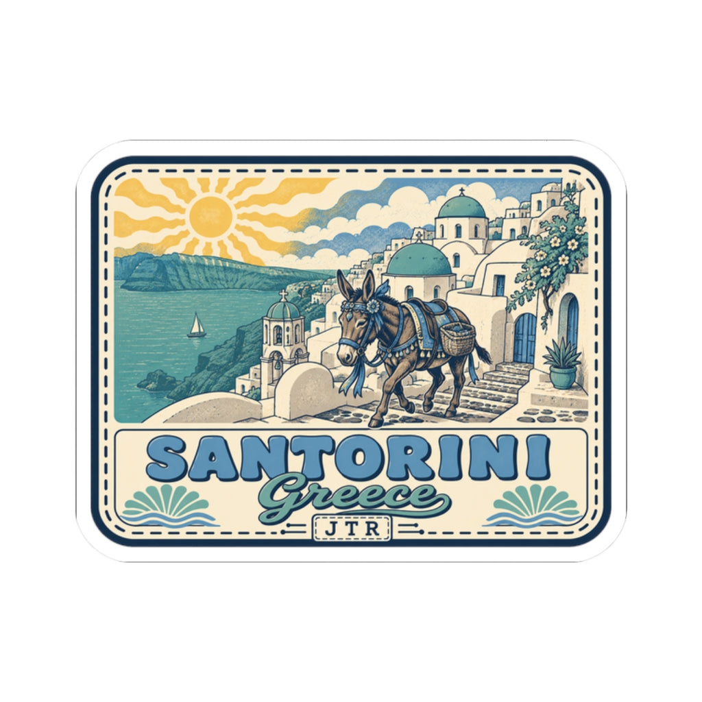 Santorini Greece donkey kiss-cut sticker with dashed border and ocean-blue accents