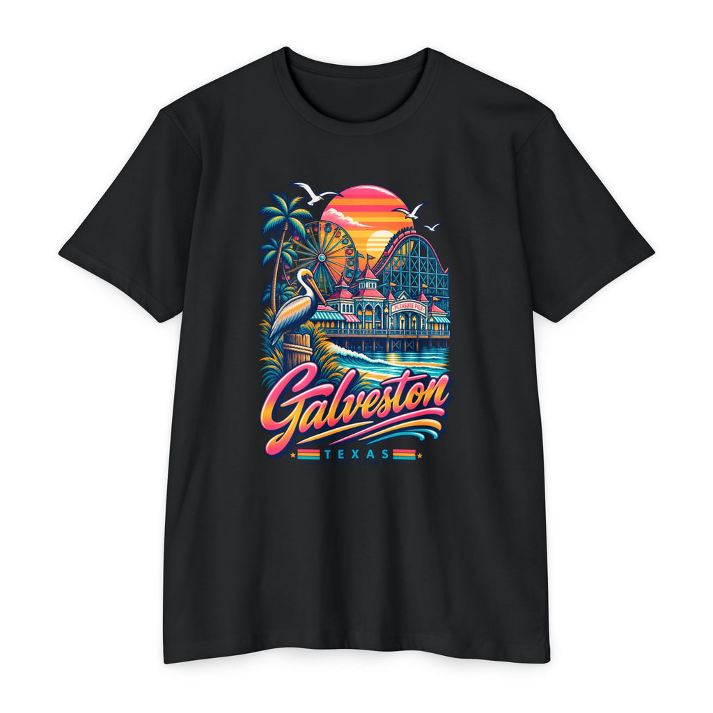 Black crewneck T-shirt with colorful beach sunset skyline and bird graphic