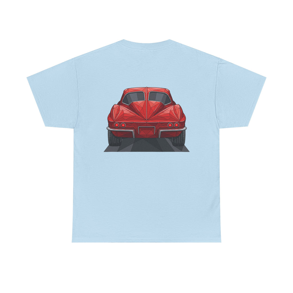 Graphic sports coupe T-shirt in light blue, rear view car print