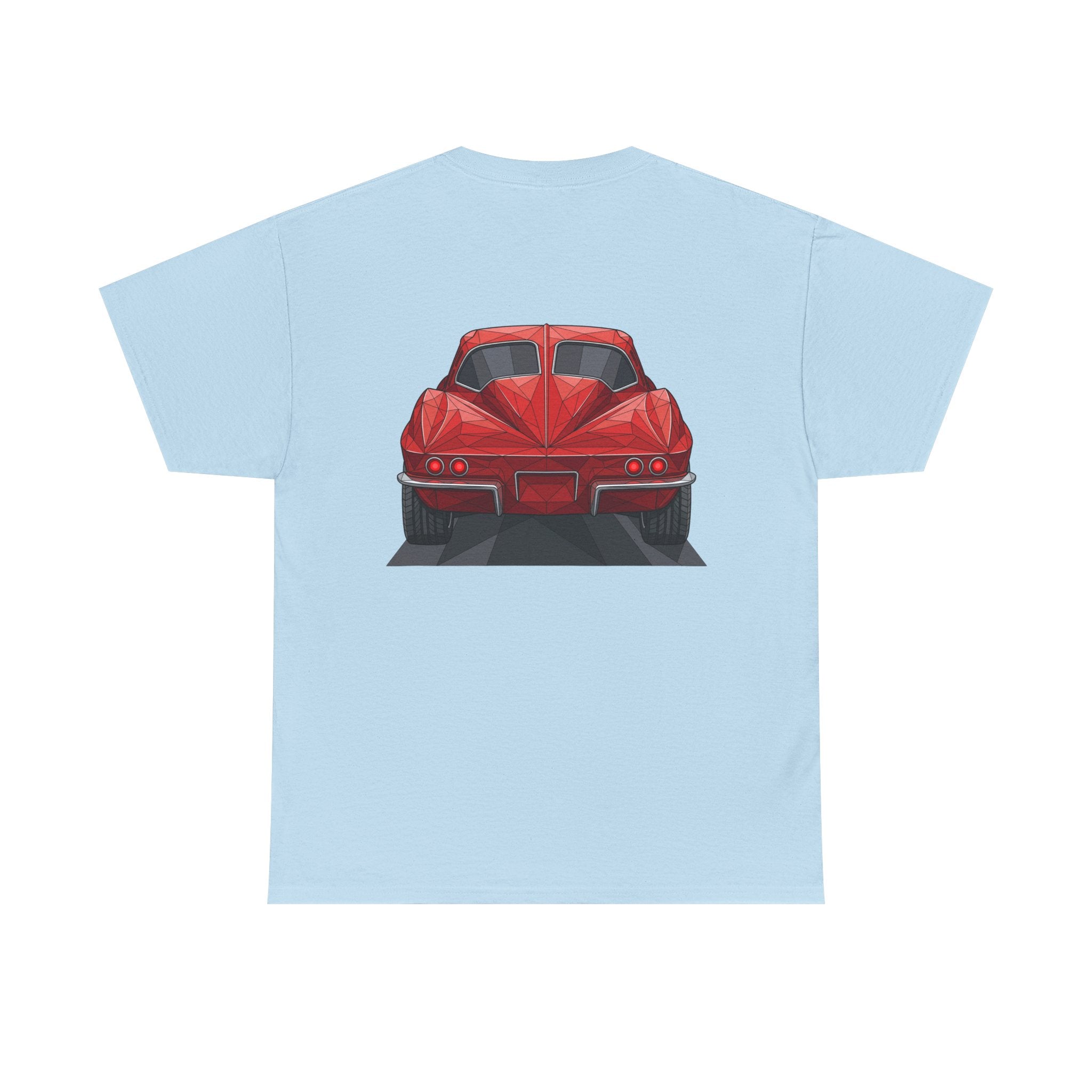 Graphic sports coupe T-shirt in light blue, rear view car print