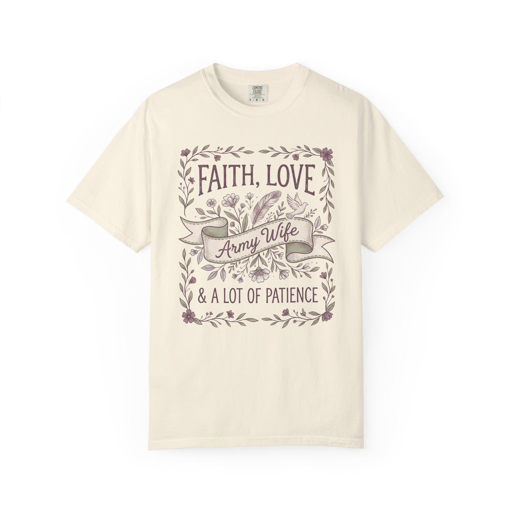 Ivory crewneck T-shirt with floral "Faith Love & A Lot of Patience" print