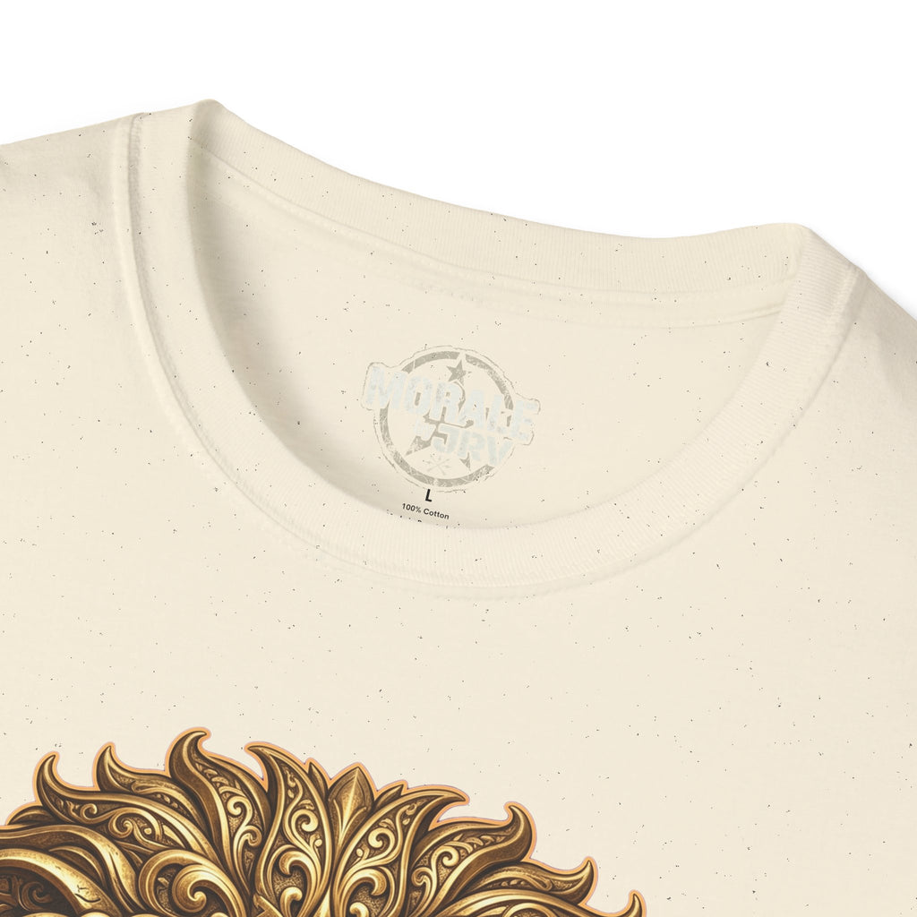 Natural t-shirt neckline with brand label; ornate gold lion head design detail.