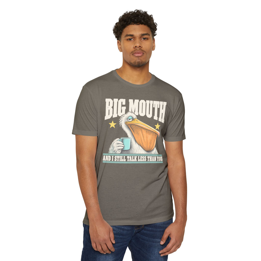 Men's gray graphic T-shirt with pelican coffee cup and star text print