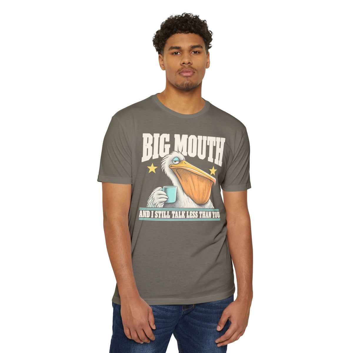 Men's gray graphic T-shirt with pelican coffee cup and star text print