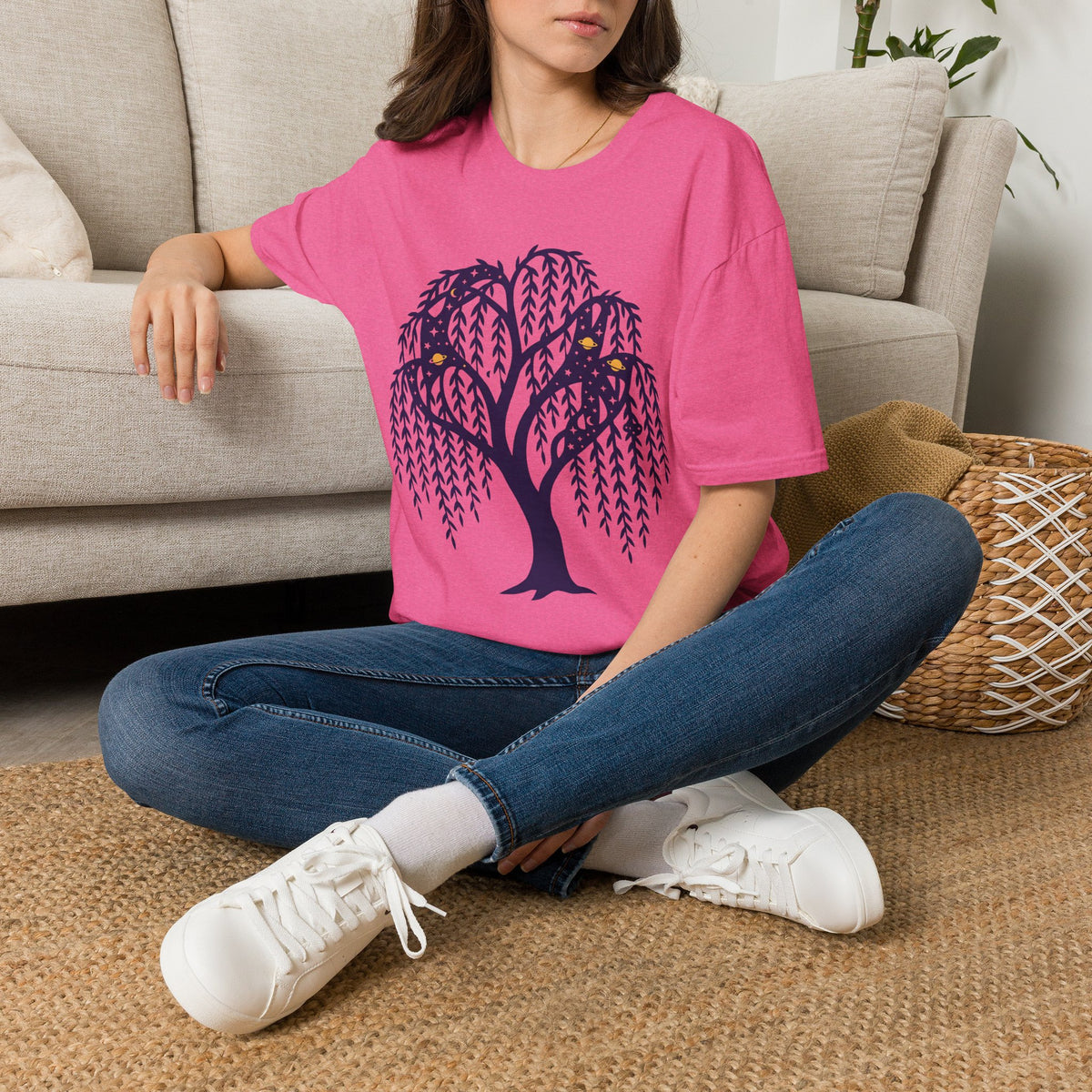 Muted purple unisex T-shirt with dark tree and owl graphic, worn by model