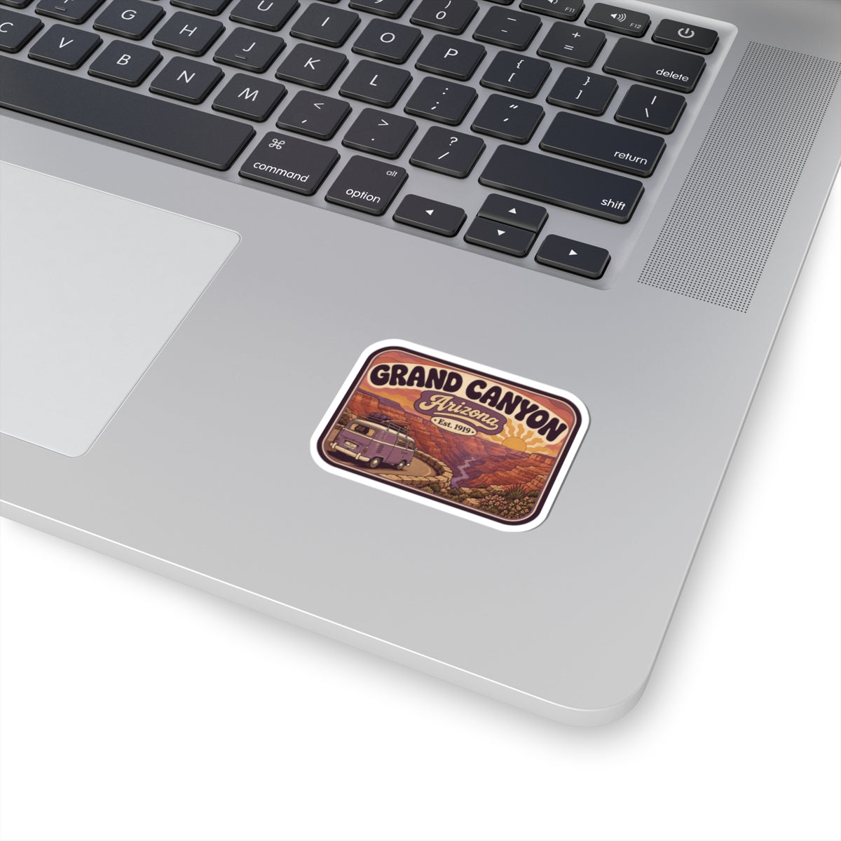 Grand Canyon National Park sticker with retro camper van illustration, kiss-cut border