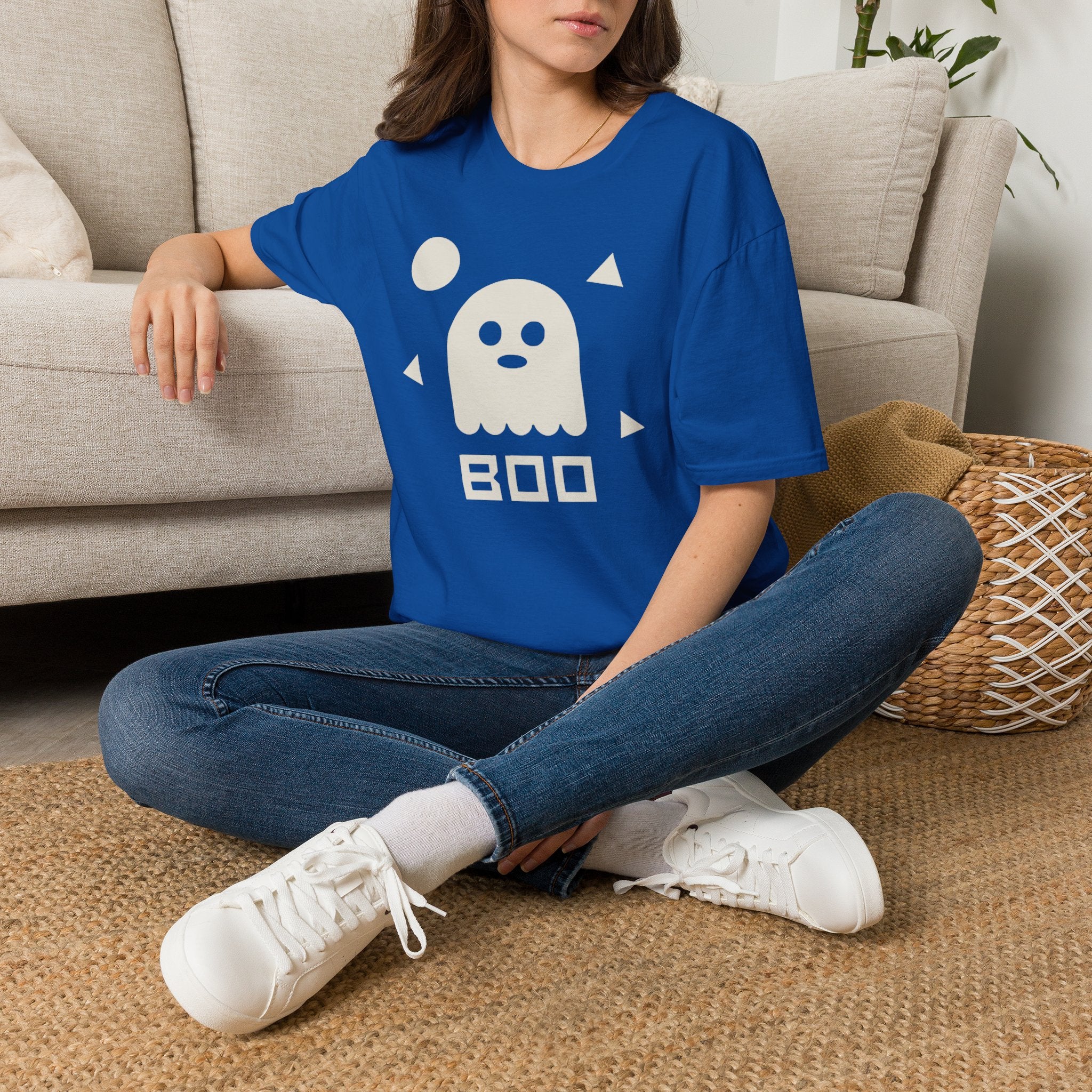 Unisex royal blue T-shirt with white ghost and BOO graphic