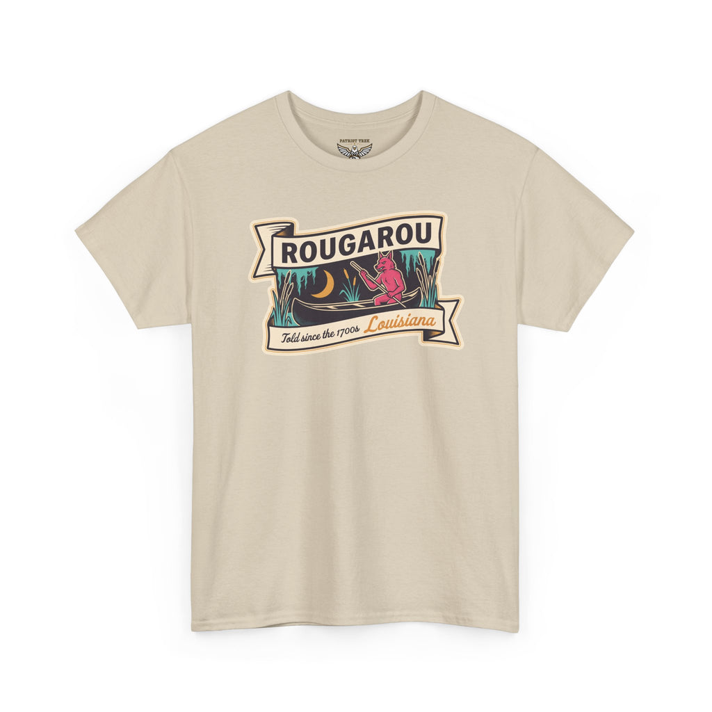 Sand-colored T-shirt with Rougarou vintage travel patch graphic on the front