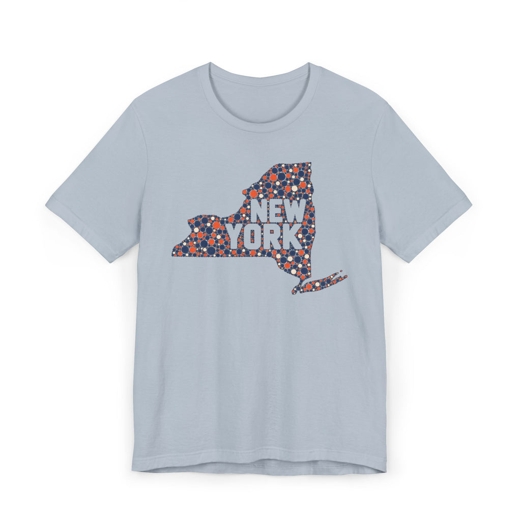 Light blue short-sleeve t-shirt with colorful New York state outline graphic