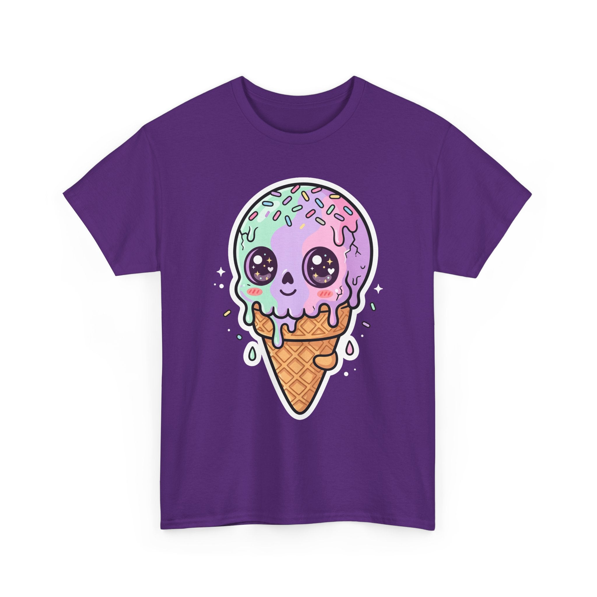 Purple T-shirt with cute purple melting ice cream cone face graphic