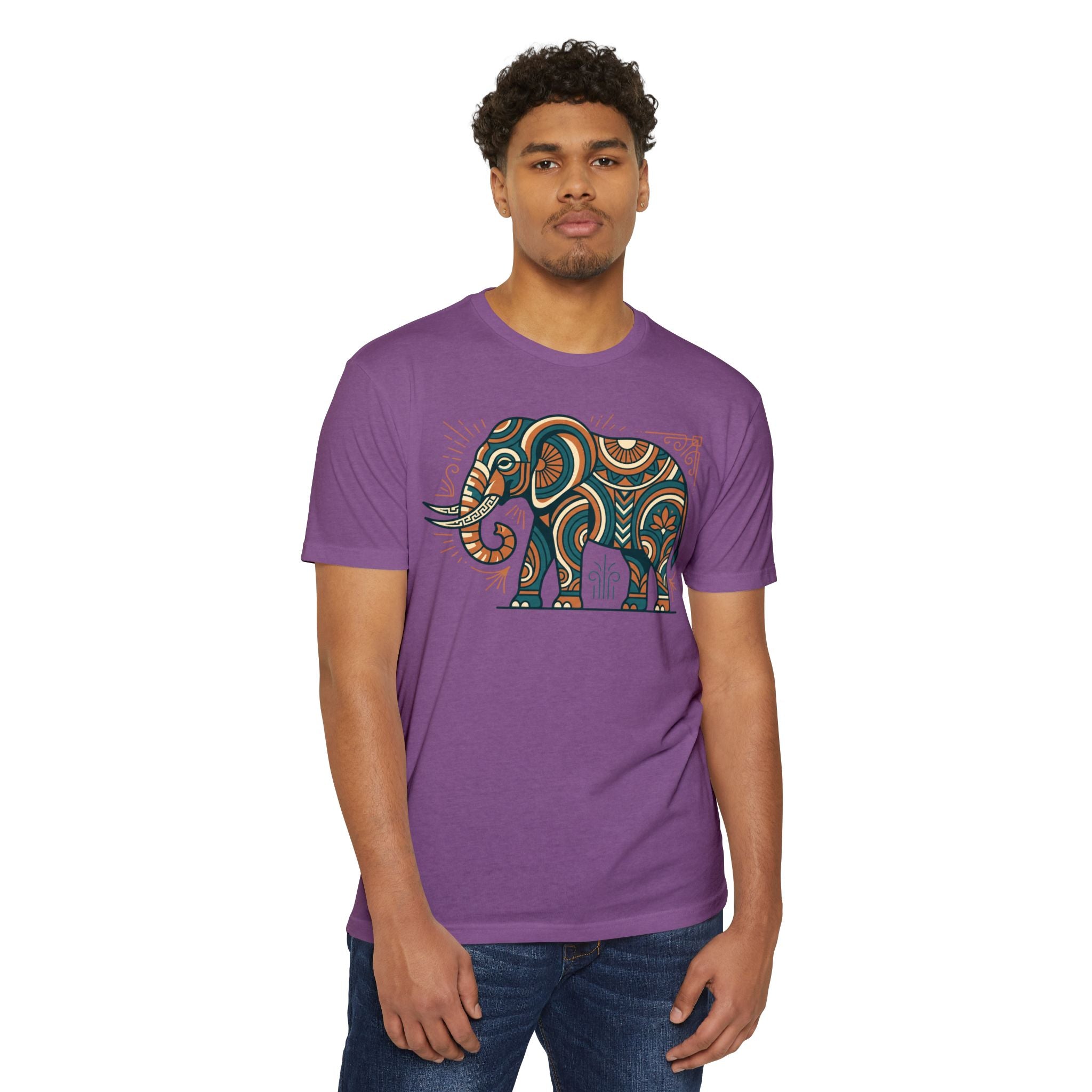 Men's purple T-shirt with colorful elephant graphic on front