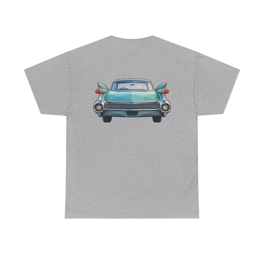 Sport grey crewneck T-shirt with centered teal classic car graphic on the chest