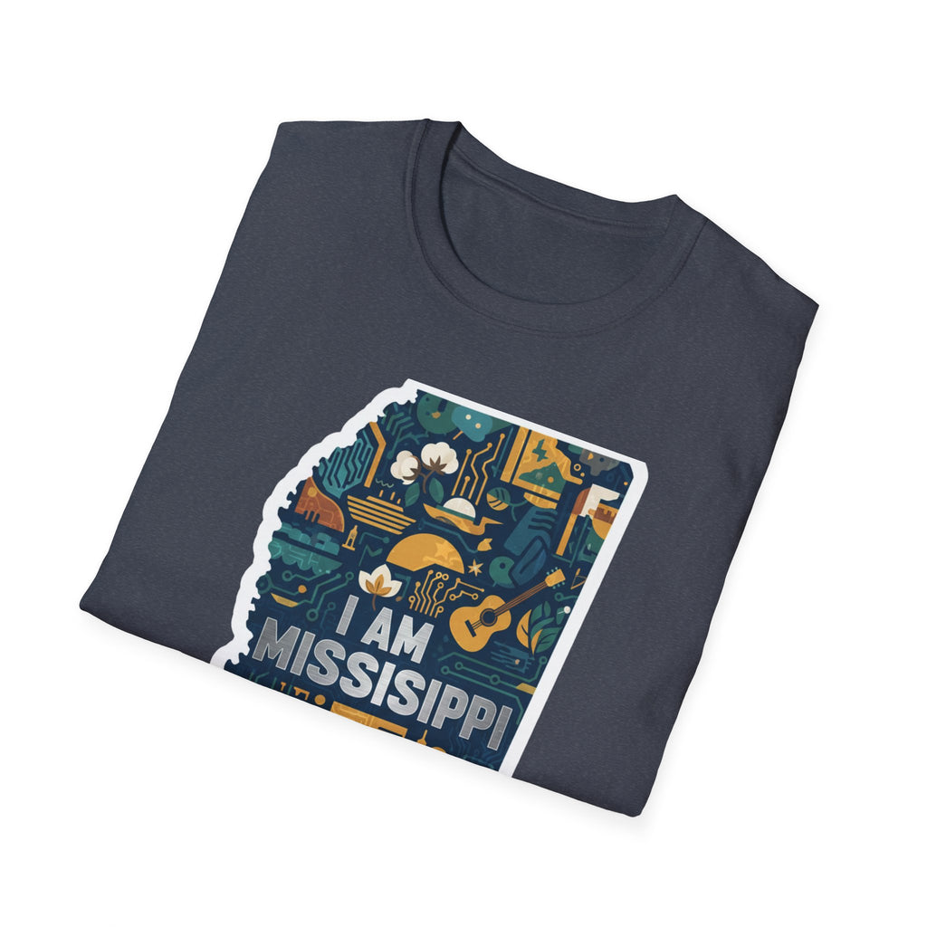 Mississippi I Am T-shirt, dark heather; front state-map graphic with text
