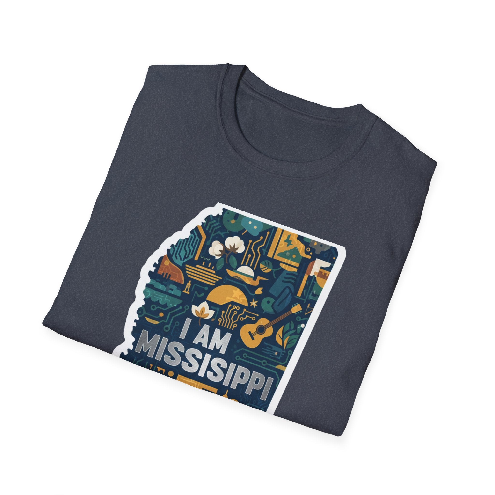 Mississippi I Am T-shirt, dark heather; front state-map graphic with text