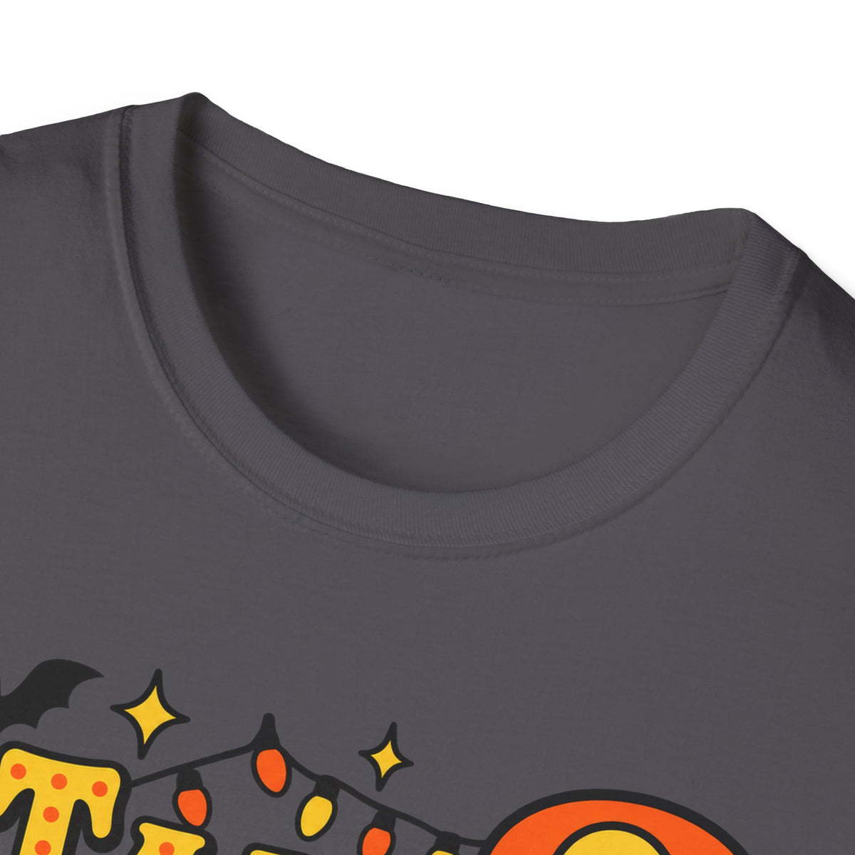 Charcoal Halloween T-shirt neckline with partial ghost-and-lights graphic at chest
