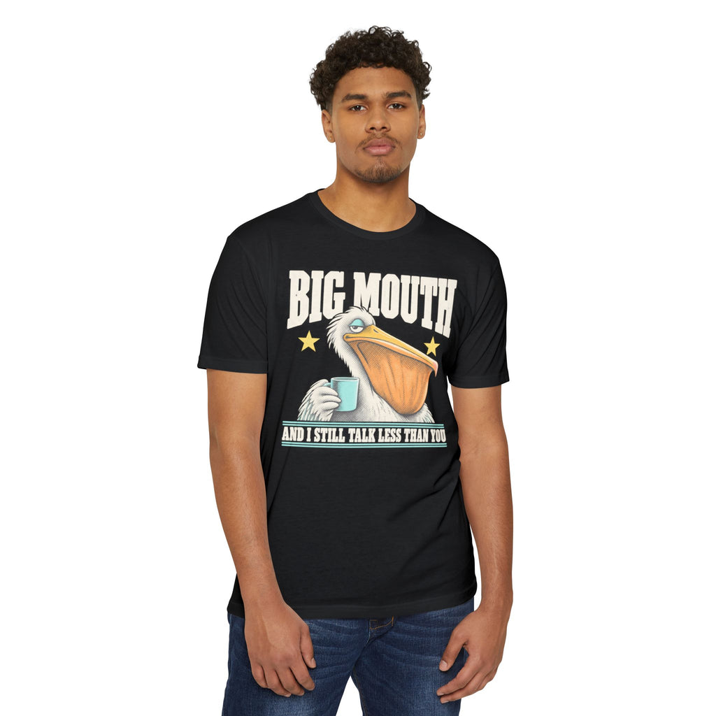 Black crew-neck t-shirt with front pelican coffee graphic and text print.