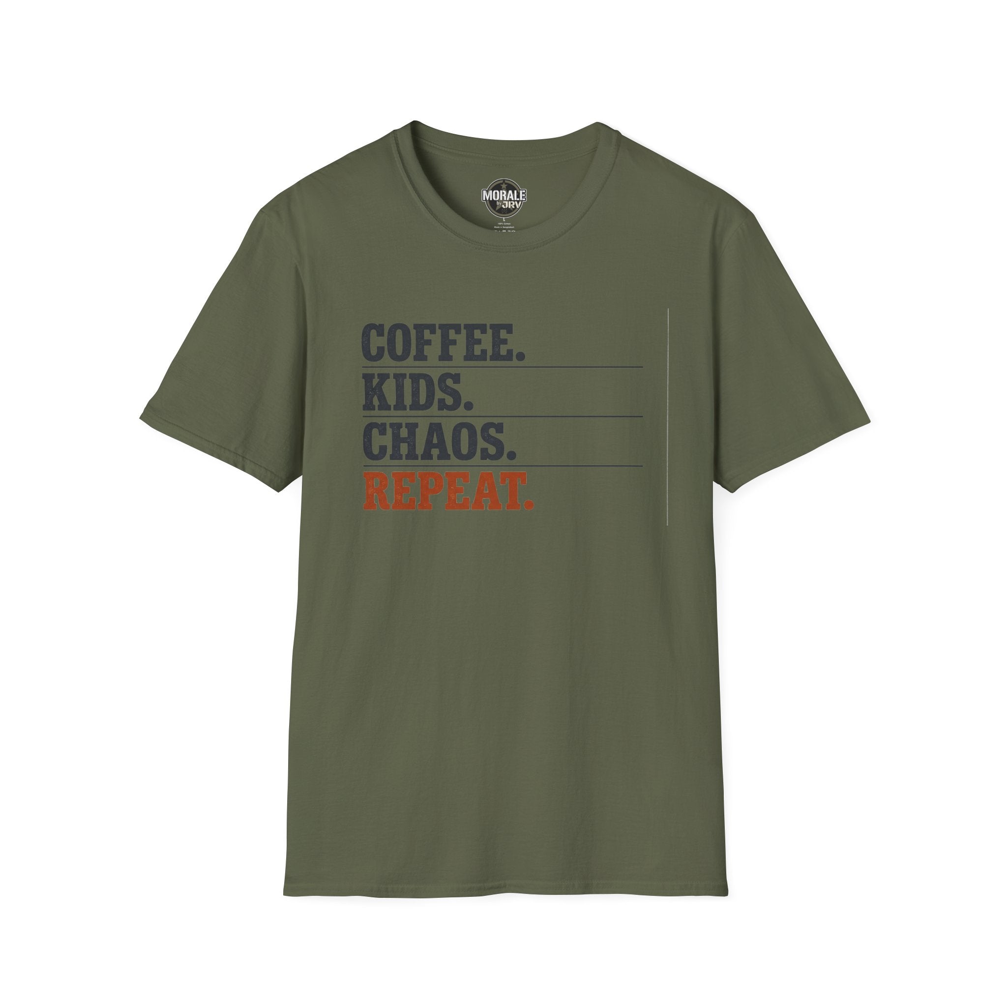 Military Green T-shirt with “COFFEE. KIDS. CHAOS. REPEAT.” graphic print