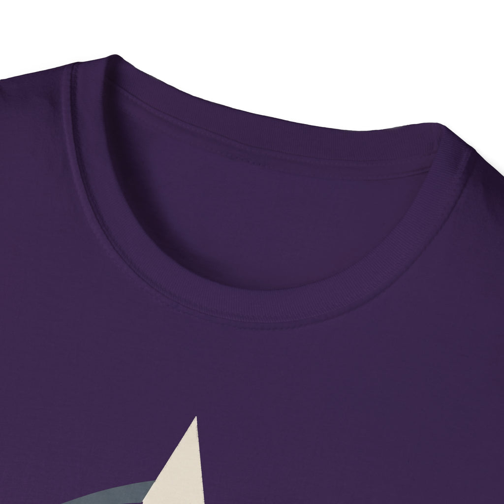 Purple crew-neck T-shirt, close-up of collar and upper chest