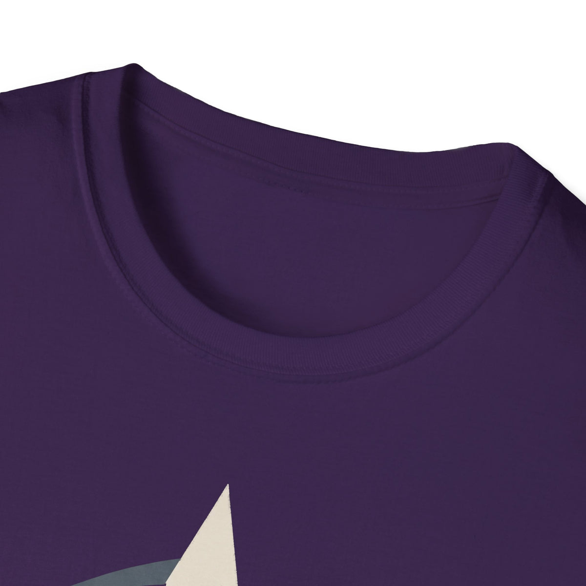 Purple crew-neck T-shirt, close-up of collar and upper chest