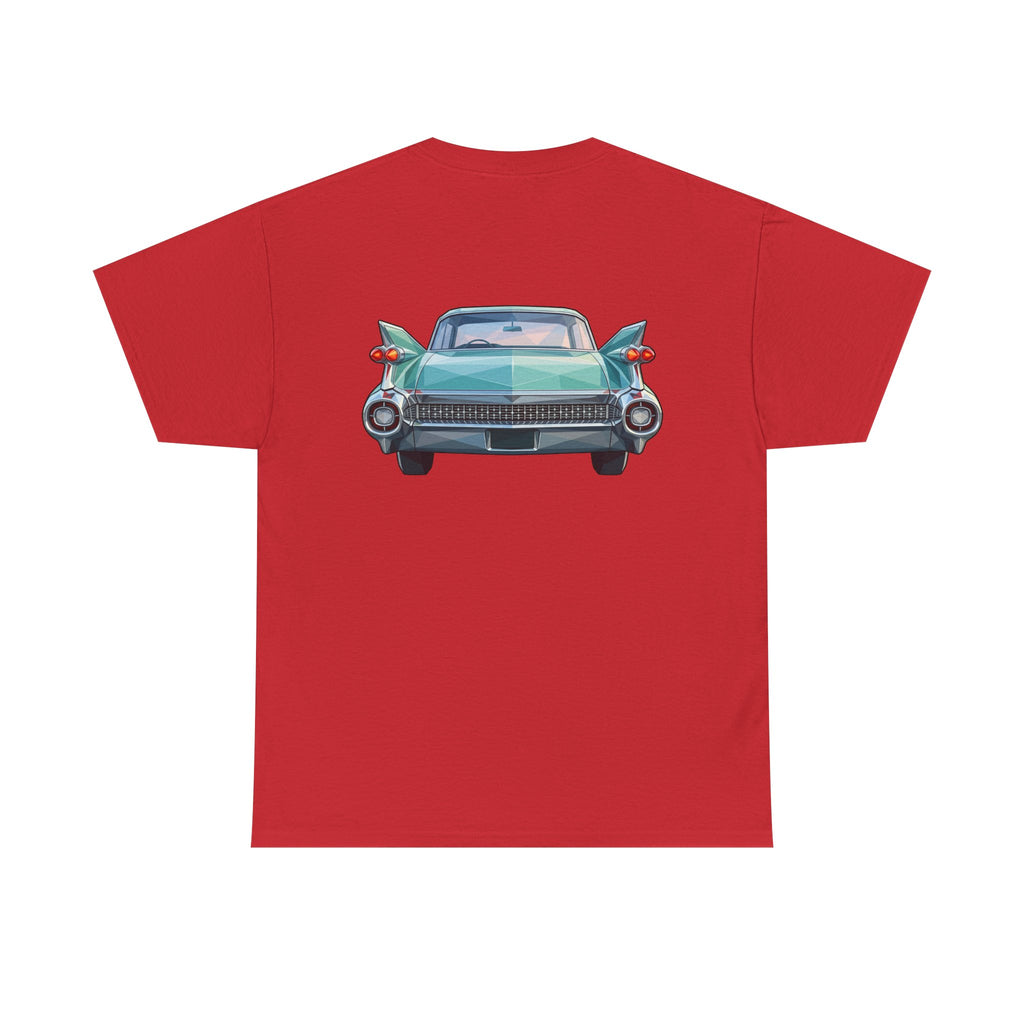 Red crew neck T-shirt with centered vintage car illustration on the front