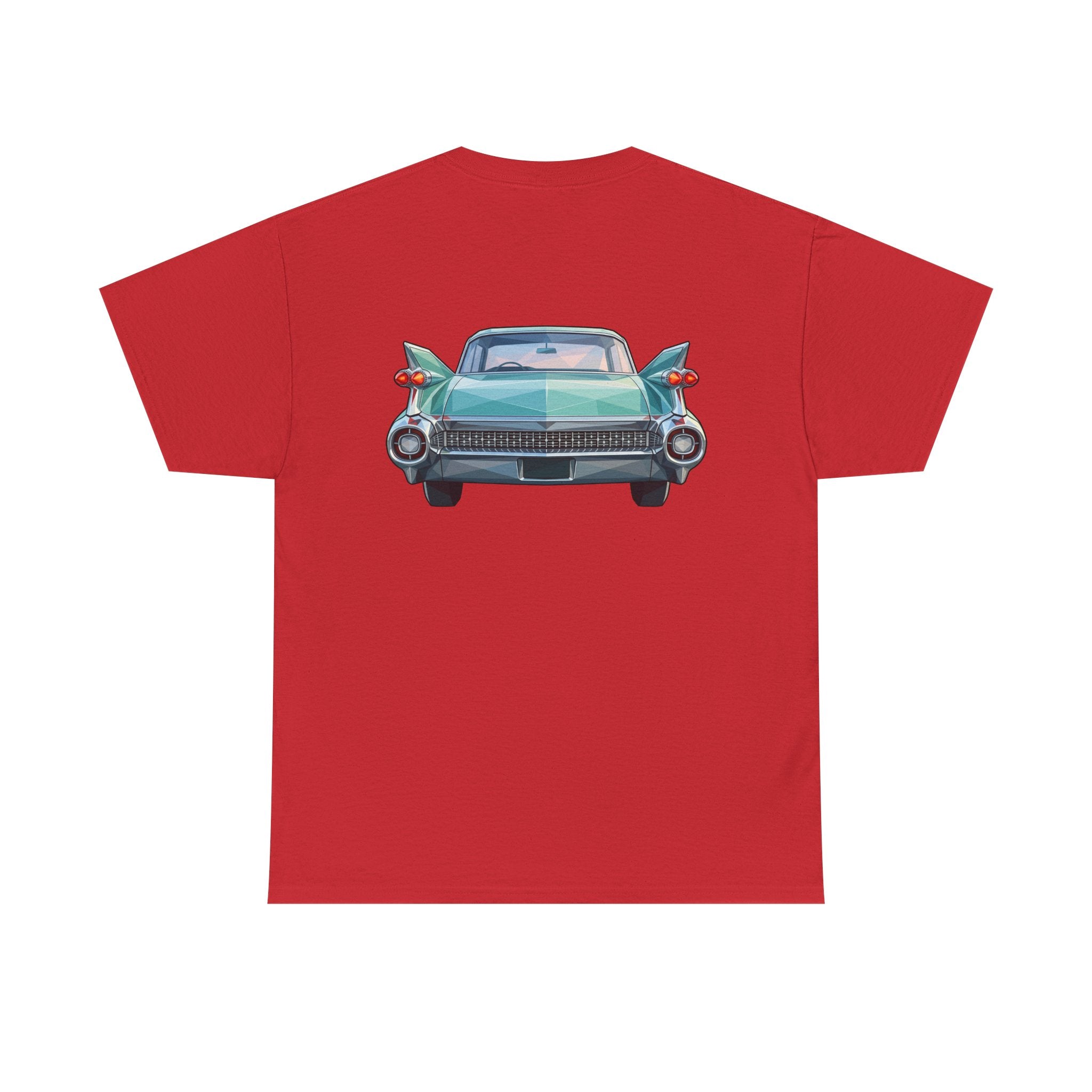 Red crew neck T-shirt with centered vintage car illustration on the front