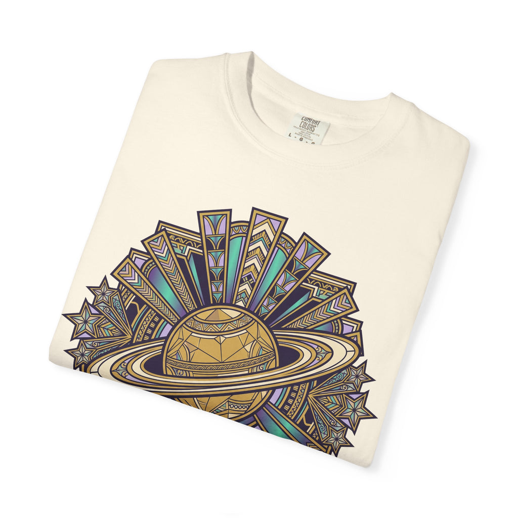 Ivory crewneck T-shirt with multicolor Saturn ring mandala graphic